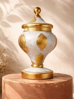 Vintage Czech Bohemian Opaline Glass Lidded Urn – 24K Gold Gilt Medallions